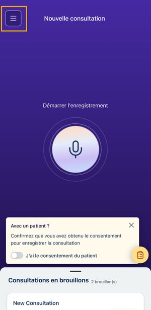 CW app mobile - accès menu gauche