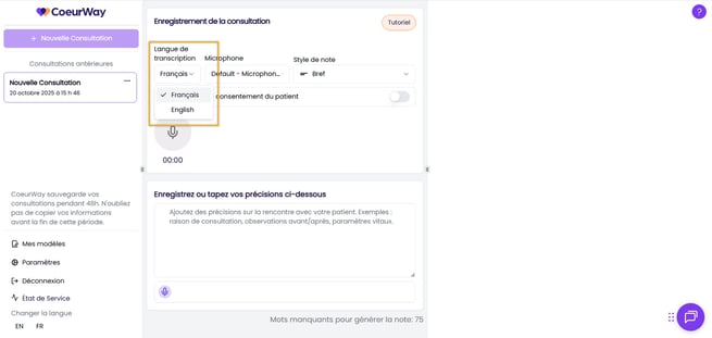 Langue de transcription dans la note-2