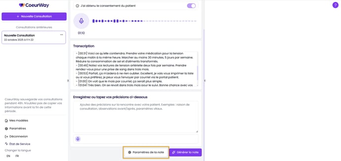 Paramètres de la note bouton 2