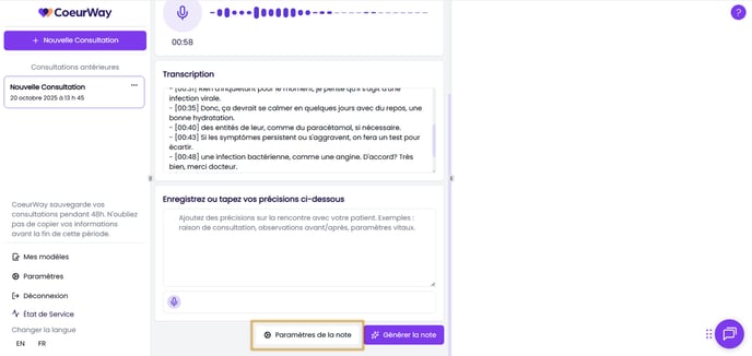 Paramètres de la note bouton